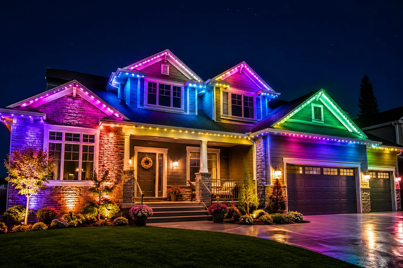 Warm permanent eave lighting at night